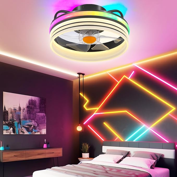 Flush Mount Ceiling Fan with RGB Light - 13“ Small Bladeless Ceiling Fan Light with Reversible Mute Motor, RGB LED Dimmable, Low Profile Enclosed Ceiling Fans for Indoor, Kids Room, Party