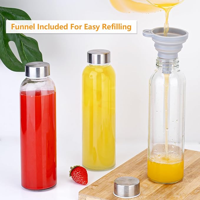 Glass Juice Bottles with Lids for Juicing 18 oz, Reusable Clear Glass Water Bottles with Stainless Steel Airtight Cap for Refrigerator, 100% Leak Proof, BPA Free, Set of 12