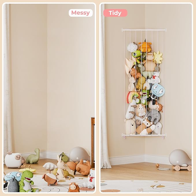 GRANNY SAYS Stuffed Animal Storage, Corner Stuffed Animal Holder for Toy Storage, Large Stuff Animal Organizer with Adjustable Length, Hanging Kids Toy Organizers for Plushies Storage, Pink