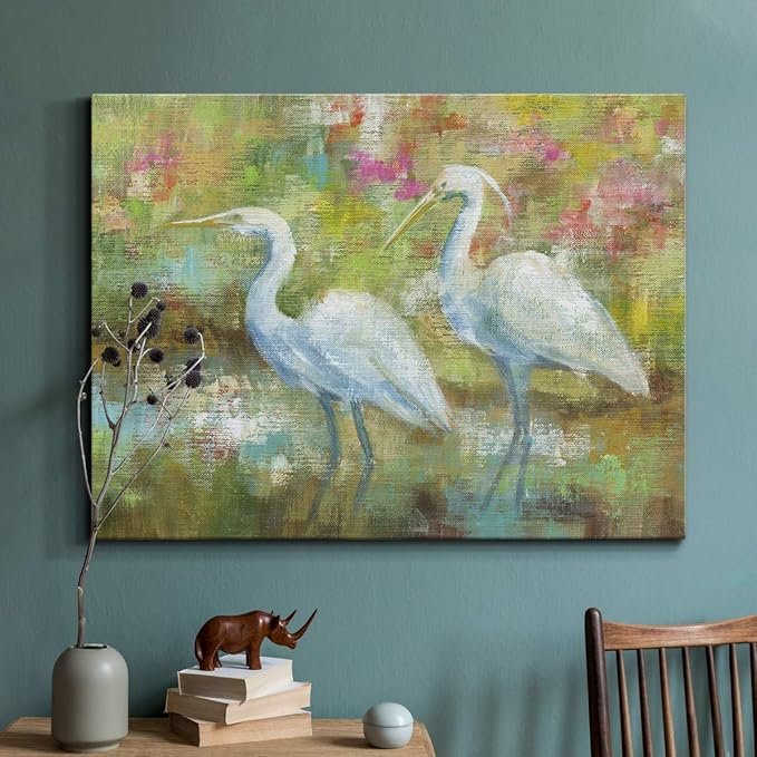Renditions Gallery Canvas Nature Wall Art Modern Paintings Decorations Elegant White Egrets Abstract Multicolored Bontanical Wall Hanging Artwork for Bedroom Office Kitchen - 24"x36" LT33