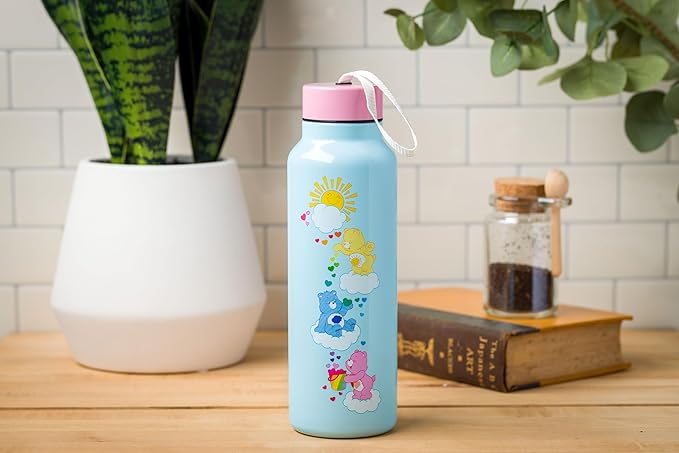 Silver Buffalo Care Bears Sun Shower Stainless Steel Blue Water Bottle with Strap, Features Cheer Bear, Funshine Bear, and Tenderheart Bear, 27 Ounces
