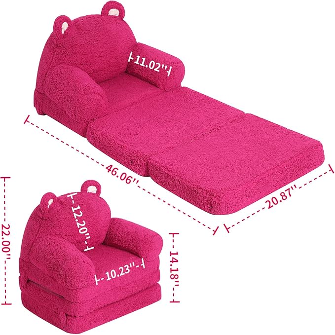 Foldable Kids Sofa, Sherpa Pink Teddy Bear Toddler Couch with Tri Folding Foam Cushions, Comfy Kids Couch for Kids Age 18 Months and Up