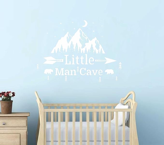 Little Man Cave Mountains Vinyl Decals, Landscape with Animals Stickers, Mountain Moon Stars Decal for Nursery Room,Kids Décor A9 (White)