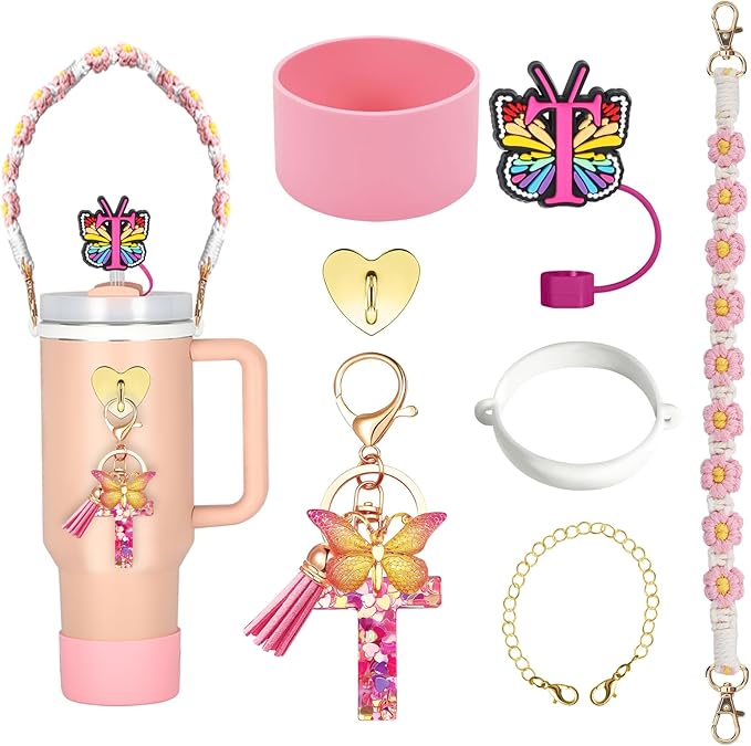 Stanley Cup Accessories Include Silicone Stanley Straw Cover, Butterfly Letter KeyChain Charms, Water Bottle Handle Strap, Boot and Chain for Stanley Cup 30oz 40oz Tumbler