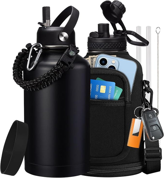 64 oz Insulated Water Bottle with Straw & Auto Spout Lids, Paracord Handle, Half Gallon Waterbottle Strap Carrier & Protective Boot, Wide Mouth Metal Canteen Thermo Mug, Leak-proof Sports Hydro Jug