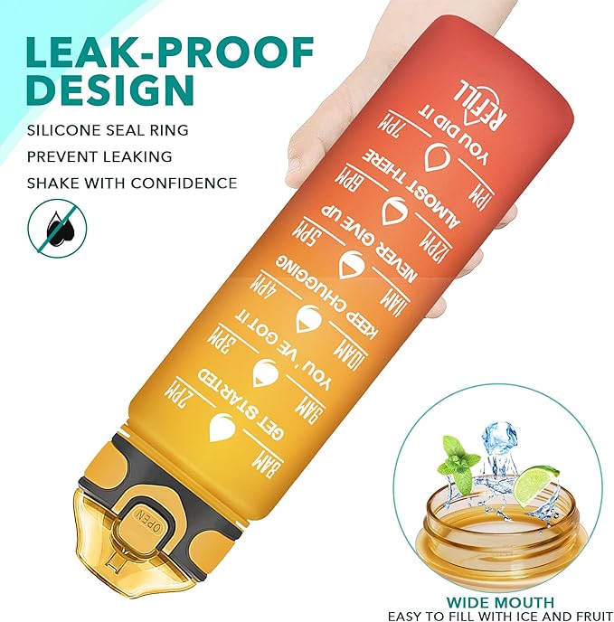 Enerbone 32 oz Drinking Water Bottle with Times to Drink and Straw, Motivational with Carrying Strap, Leakproof BPA & Toxic Free, Ensure You Drink Enough Water for Fitness Gym Outdoor