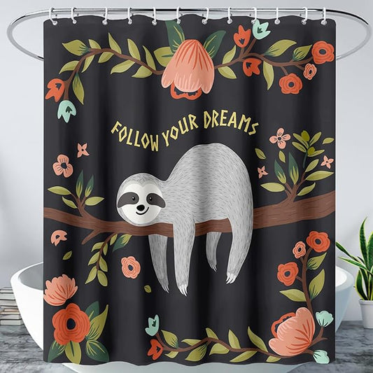 AILONEN Kawaii Sloth Shower Curtain for Bathroom Decor,Floral Sloth Bath Curtain for Kids Boys Girls,Polyester Waterproof 72" W*72" H with 12 Plastic Hooks