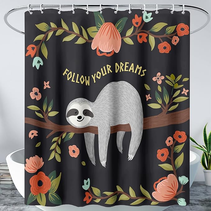 AILONEN Kawaii Sloth Shower Curtain for Bathroom Decor,Floral Sloth Bath Curtain for Kids Boys Girls,Polyester Waterproof 72" W*96" H with 12 Plastic Hooks
