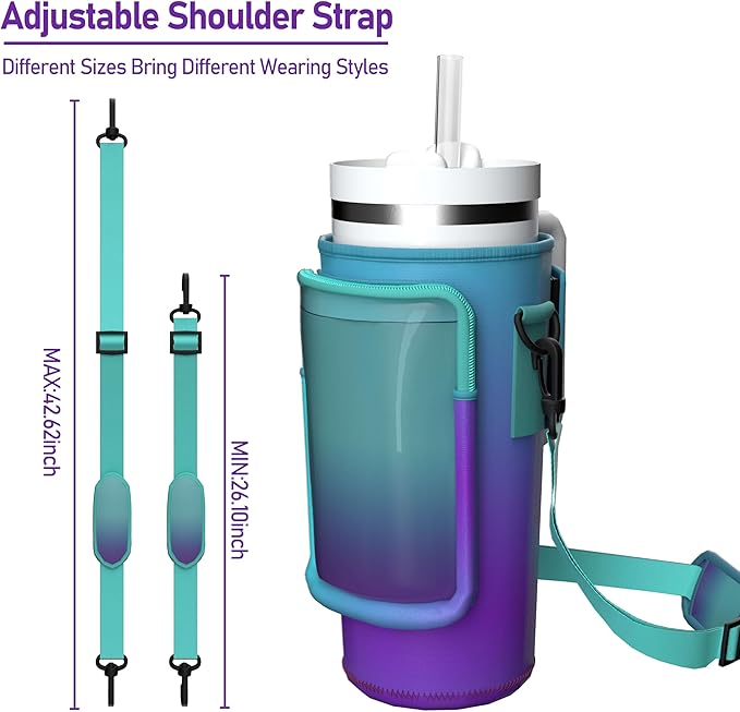 Water Bottle Carrier Bag with Phone Pocket for 40oz Tumbler with Handle, Adjustable Strap Neoprene Water Bottle Sleeve Pouch for Hiking Camping Travelling. (Purple)