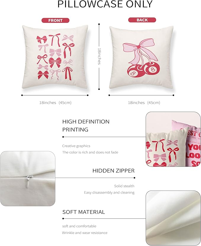Coquette Preppy Pillows Covers,Preppy Bedding 18x18, y2k Preppy Throw Pillow Covers for Dorm Girls Bedroom, Trendy Aesthetic Cute Bow Cherry Disco Ball Throw Pillow Cases