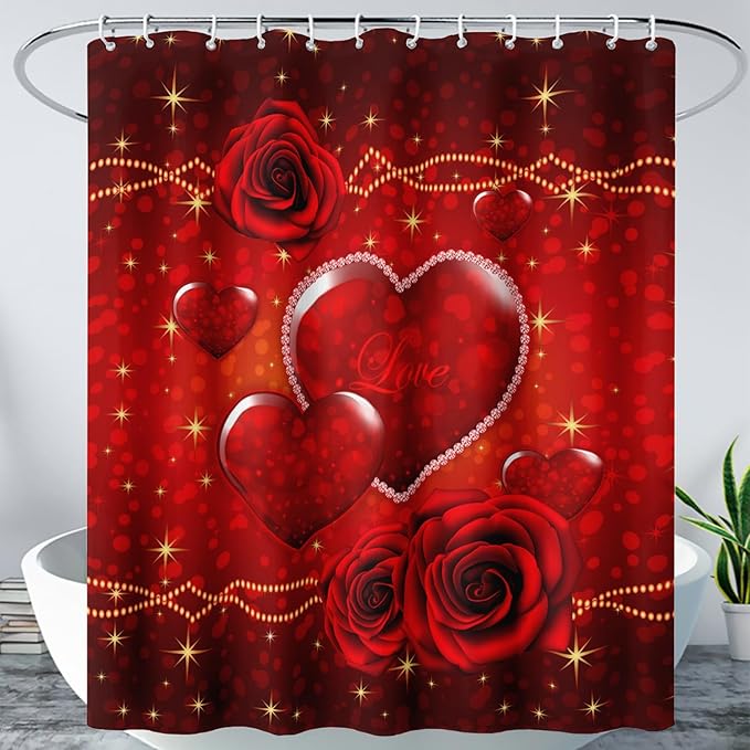 AILONEN Red Hearts Rose Shower Curtain for Bathroom Decor, Romantic Flower Bathroom Curtain 72" W*78" H,Valentine Bath Curtain Polyester Waterproof Shower Curtain with 12 Hooks