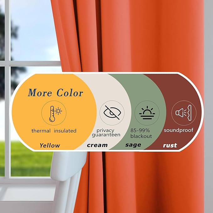 Mrs.Naturall 52x96 Inch Length Orange Curtains for Dining Room 2 Panels Blackout Room Darkening Curtain for Bedroom