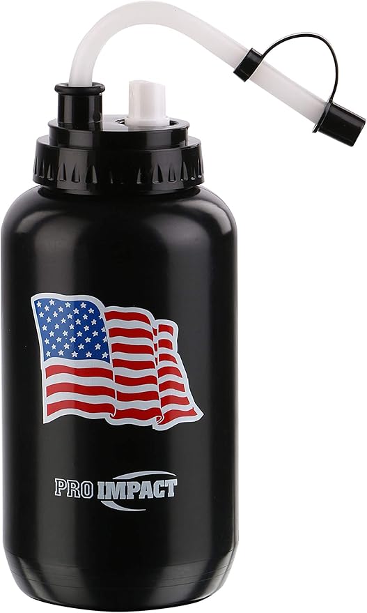 Pro Impact Boxing Water Bottle - Squeezable Plastic w/Long Straw & Spray Cap - Ideal for Gym Yoga Sports Boxing Lacrosse Football Hockey Cycling & Outdoors (35.5 Oz.) (Black Flag)