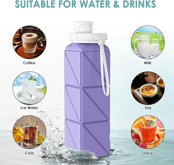 Collapsible Water Bottles,BPA-Free Leak-Proof Silicone Foldable Water Bottle Cup 20.6oz,Durable Lightweight Bottle for Gym Travel Camping Hiking Running (Light Purple)