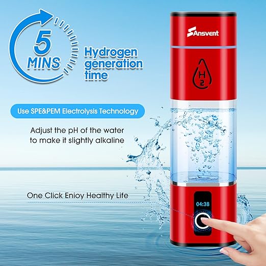 Hydrogen Water Bottle, 3000+ ppb Hydrogen Water Bottle Generator with SPE/PEM Technologyand LED Display, Hydrogen Water Ionizer Machine for Office, Home, Travel,Gift (Red)