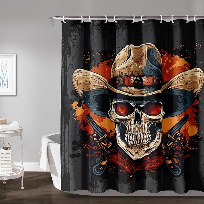 AILONEN Gothic Skull Shower Curtain for Bathroom,Graffiti Fire Gun Skull Black Art Bathroom Curtain for Kids Girls Teen,Bath Curtain 72" W*84" H Polyester Waterproof Bathroom Curtain with 12 Hooks