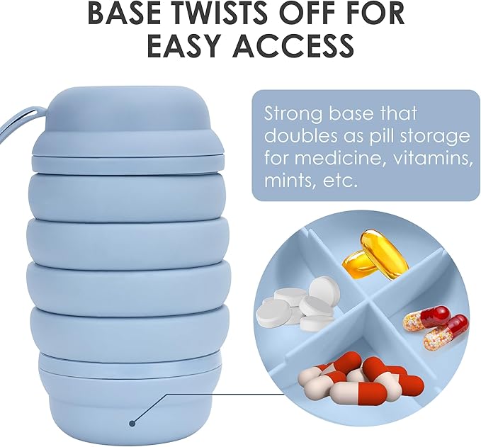 Collapsible 16 oz Water Bottle, Reusable Water Bottle, Portable Water Bottle, Pill Storage, Silcone Water Bottle, BPA Free, Vitamin Storage. (Blue)