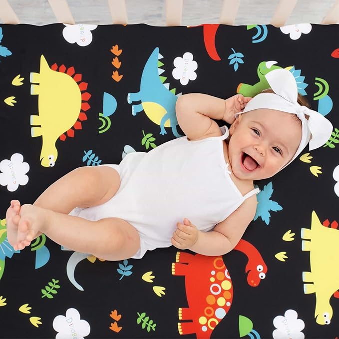 JISEN Baby Crib Sheets 2 Piece Portable Fitted Crib Sheet for Standard Crib and Toddler Mattresses Nursery Bed Decor for Boys Girls 28x52 Inch White/Black Dinosaurs