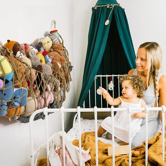 Stuffed Animal Hammock Corner Hanging Net Plush Toy Organizer Macrame Stuffed Animal Storage Display for Teddy Net Corner Toy Net for Bedroom-Khaki