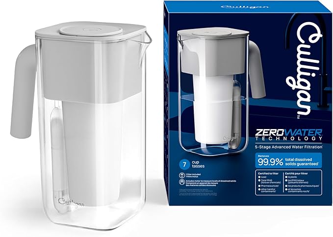 Culligan with ZeroWater Technology 7-Cup Water Filter Pitcher – Includes 5-Stage Advanced Water Filter, IAPMO Certified to Reduce Lead, Total PFAS (Forever Chemicals), Mercury, Fluoride, and Chlorine