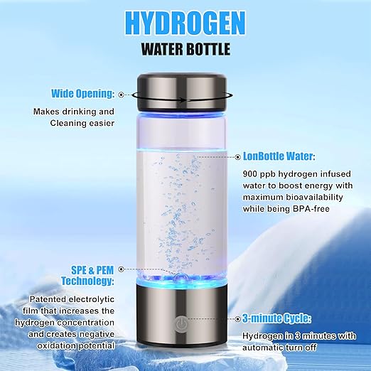 Hydrogen Water Bottle, Rechargeable Hydrogen Water Bottle Generator, Portable Hydrogen Water Machine, 3 Min Quick Electrolysis, Suitable for Home Travel Office Exercise