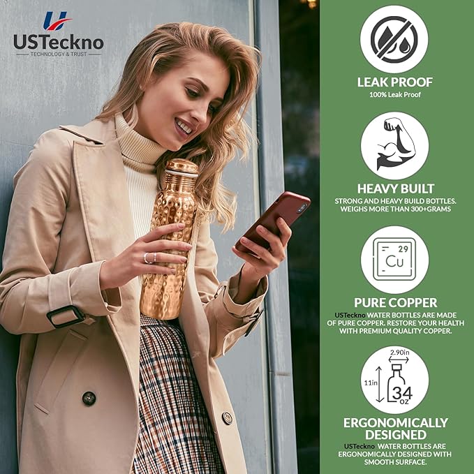 Copper Water Bottle - 34 Oz Extra Large Hammered Ayurvedic Copper Bottle for Travel,Yoga,Gym Lower Your Sugar Intake And Enjoy Health Benefits Immediately. Lab Tested (Hammered Finish)