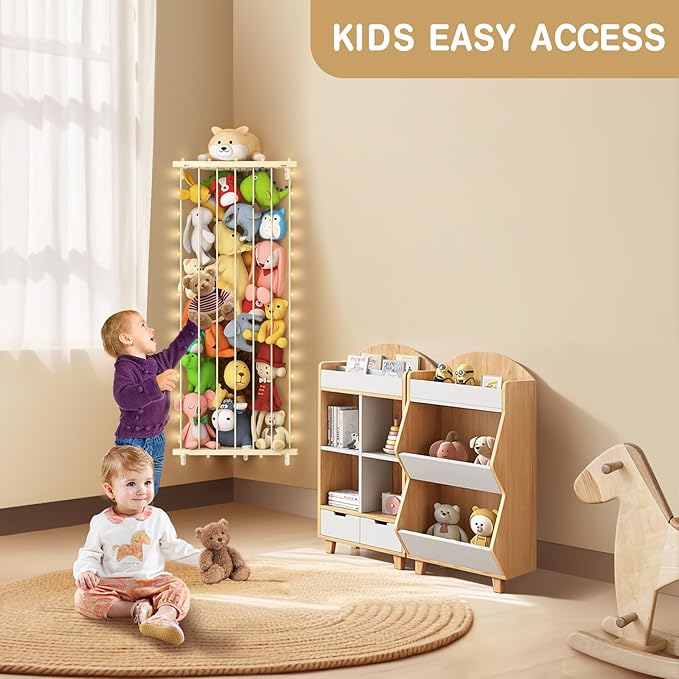 Stuffed Animal Storage Toy Organizer: Corner Stuff Animals Holder for Wall with LED Light - Kids Plush Toys Storage with Adjustable Length for Nursery Playroom Bedroom Kids Room(Beige)