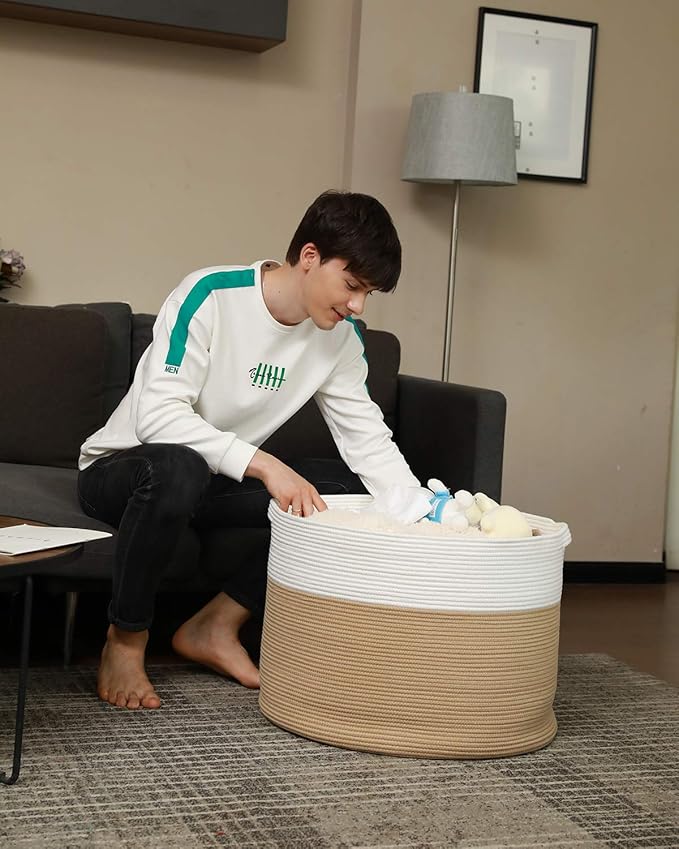 24" x 24" x 17" Max Size Large Cotton Rope Basket, Extra Large Storage Basket, Woven Laundry Hamper, Cloth Storage Bin, for Blankets Clothes Towels Pillows in Living Room, Beige