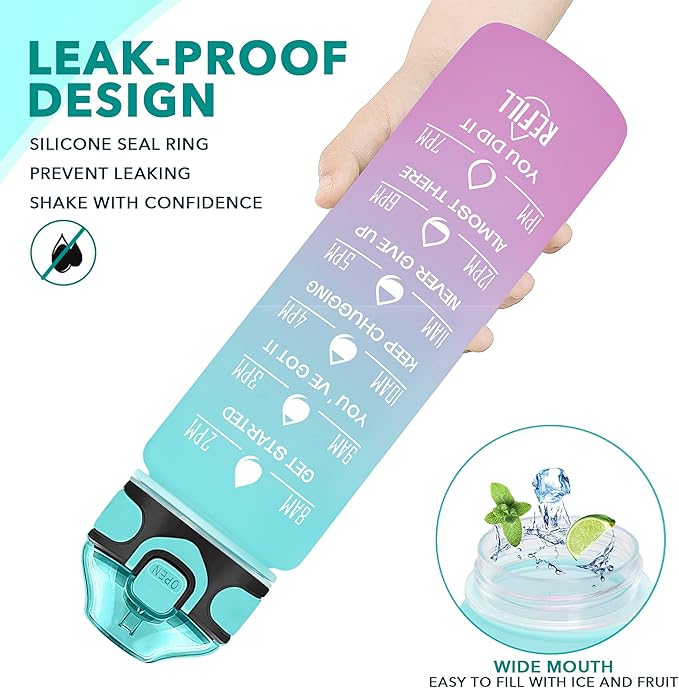 Enerbone 32 oz Drinking Water Bottle with Times to Drink and Straw, Motivational with Carrying Strap, Leakproof BPA & Toxic Free, Ensure You Drink Enough Water for Fitness Gym Outdoor