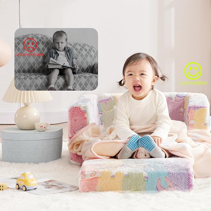 Toddler Chair, Toddler Couch, Kids Couch, Kids Sofa Chair 2 in 1, Comfy Toddler Chair Folding Out for Girls, Glow in The Dark Extra Soft Open Couch for Playroom, Gifts for Kids, Pink Unicorn