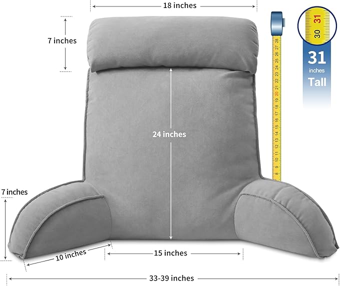 Reading Pillow for Bed Adult Size, Back Pillow for Sitting in Bed, Shredded Memory Foam Bed Chair Pillow with Arms, Pockets, Washable Cover (Light Grey, Large)