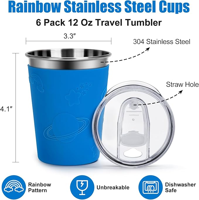 Kids Cups with Rainbow Silicone Sleeves, 12oz Stainless Steel Cups with Lids and Straws, 304 Stainless Steel Travel Tumbler, Spill Proof Toddler Cups for Cold Drinks & Hot Drinks, 6 Pack