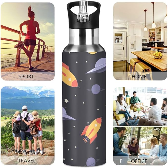 Space ＆ Rocket Sports Water Bottle, Double Wall Vacuum Insulated Stainless Steel Water Bottle with Straw Keeps Hot and Cold, Bike Running Sports Travel Gym 20oz