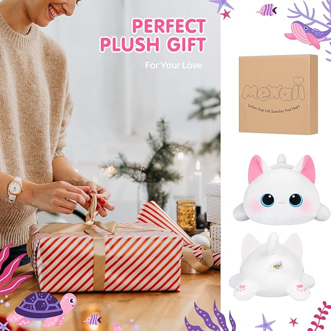 Cute Cat Plush Pillow, Kawaii Plushies White Cat Stuffed Toys, Squishy Plushies, Cuddle Body Pillow for Kids & Girls