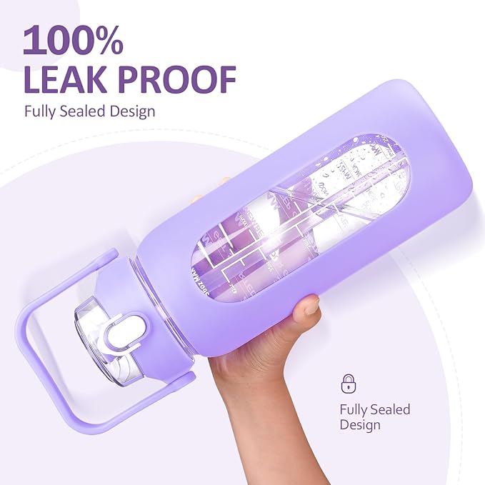 kytffu 56oz Glass Water Bottles with Straw, Motivational Glass Bottle with Silicone Sleeve and Time Marker, Leakproof Large Glass Water Jug for Gym Home Office,Purple