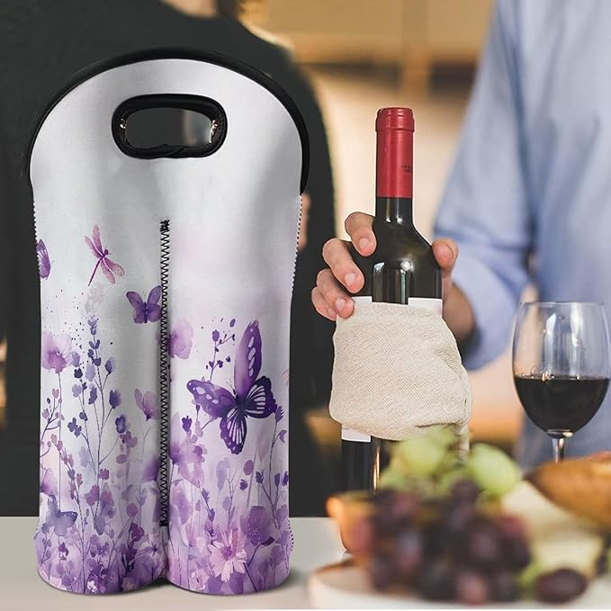 doginthehole Wine Carrier Tote 2 Bottle Wine Bag Aesthetic Watercolor Purple Floral Butterfly Print Neoprene Wine Bottle Holder Water Bottle/Beer/Drinks/Champagne Bottle Protective Bags