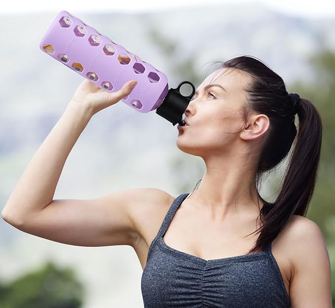 MUKOKO Glass Water Bottles, 24oz Glass Tumbler, Drinking Bottles with 2 Lids-Handle Flip Straw Lid&Bamboo Lid, Motivational Water Bottle with Time Marker and Silicone Sleeve, Leakproof-1 Pack-Purple