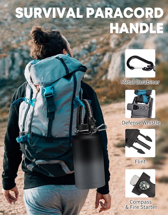 Stainless Steel 64 oz Water Bottle with Straw - Leakproof Insulated Flask for Hiking Camping Cycling