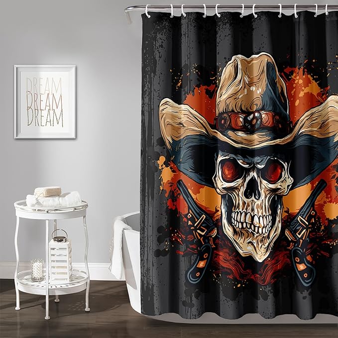 AILONEN Gothic Skull Shower Curtain for Bathroom,Graffiti Fire Gun Skull Black Art Bathroom Curtain for Kids Girls Teen,Bath Curtain 72" W*72" H Polyester Waterproof Bathroom Curtain with 12 Hooks