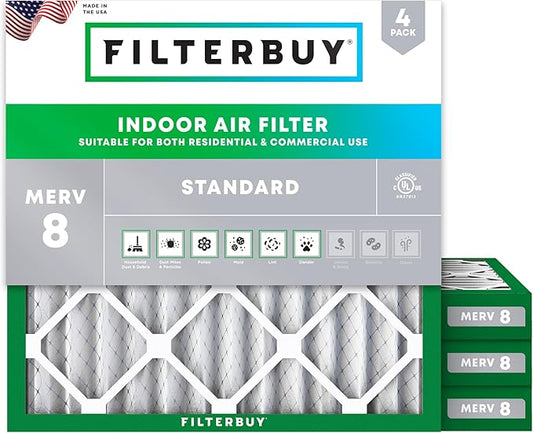 Filterbuy 10x10x2 Air Filter MERV 8 Dust Defense (4-Pack), Pleated HVAC AC Furnace Air Filters Replacement (Actual Size: 9.50 x 9.50 x 1.75 Inches)