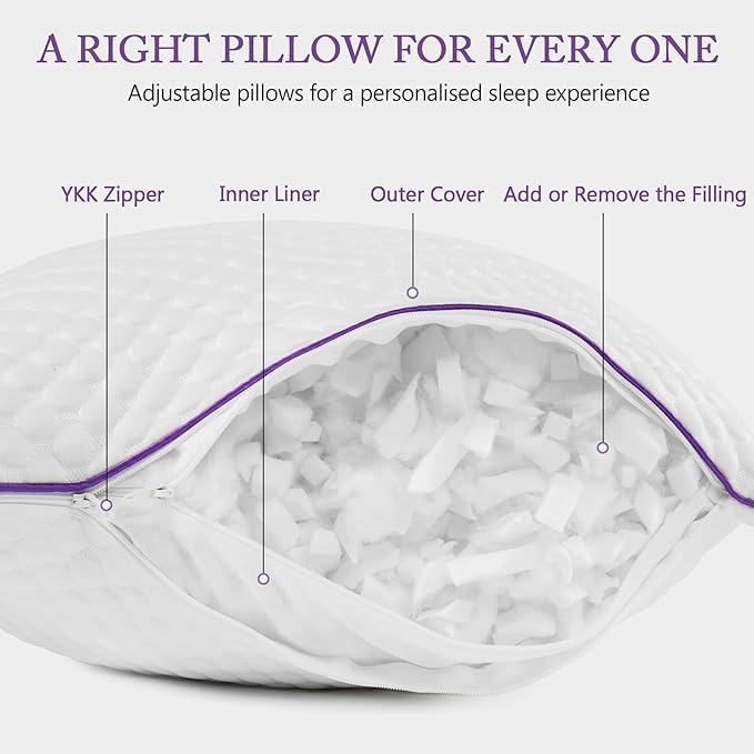 BPC Cooling Pillows Queen Size Set of 2 - Adjustable Shredded Memory Foam Pillow with Removable Cover Medium Firm Pillow for Side Stomach and Back Sleepers, CertiPUR-US