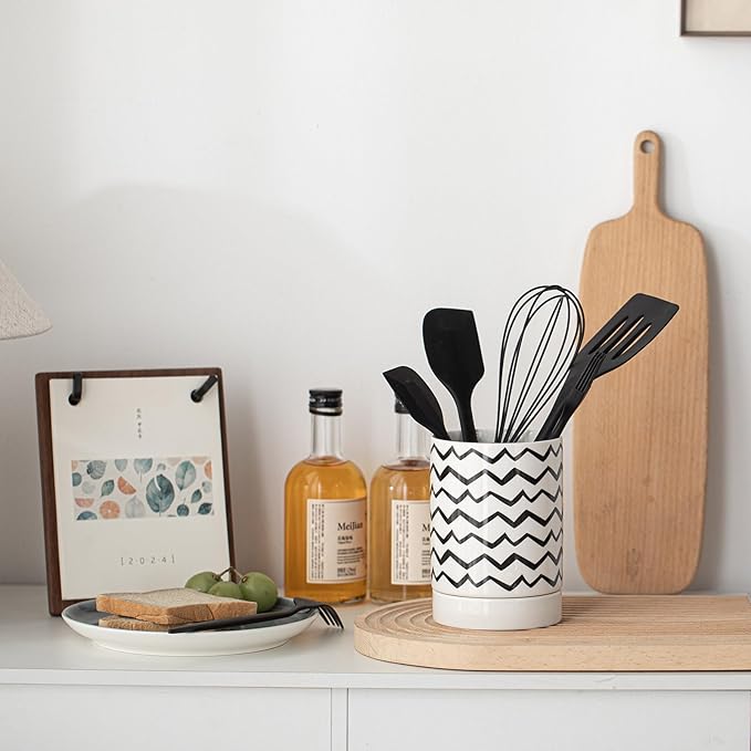 Small Utensil Holder for Kitchen Counter 4.1 x 6 Inches Ceramic Cooking Utensil Crocks Countertop Organizer Vintage Farmhouse Kitchen Decor Caddy,Ripple