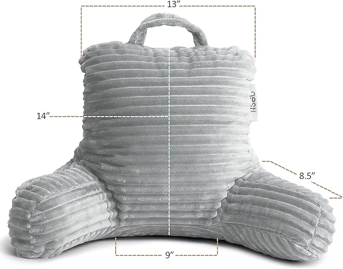 Nestl Reading Pillow with Portable Lap Desk Stand for Laptop 19x11”, Cut Plush Striped Back Pillow, Back Support Pillow, Shredded Memory Foam Bed Rest Pillow with Arms for Kids & Teens, Small - Silver