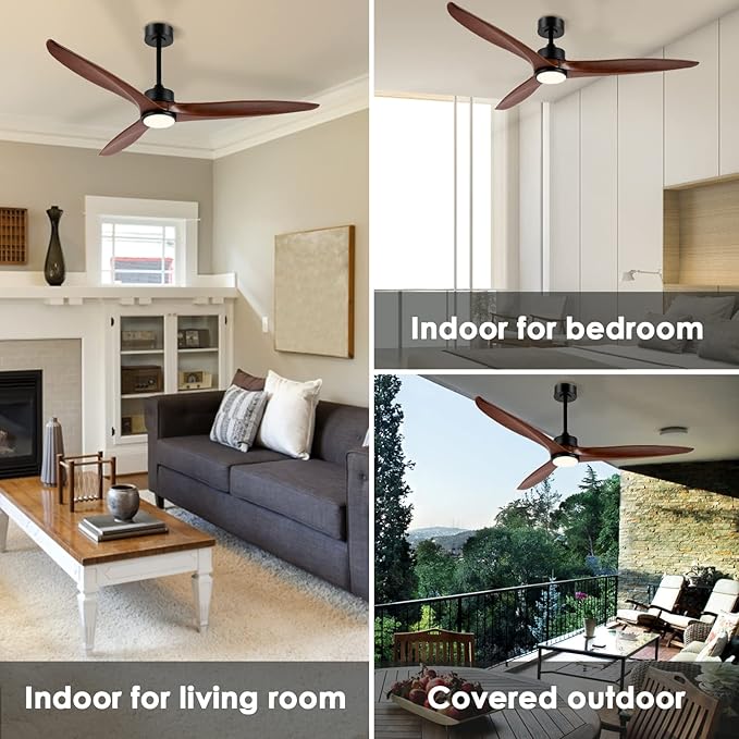WINGBO 60 Inch DC Ceiling Fan with Lights and Remote Control, 3 Reversible Carved Wood Blades, 6-Speed Noiseless DC Motor, Modern Ceiling Fan in Matte Black Finish with Walnut Blades