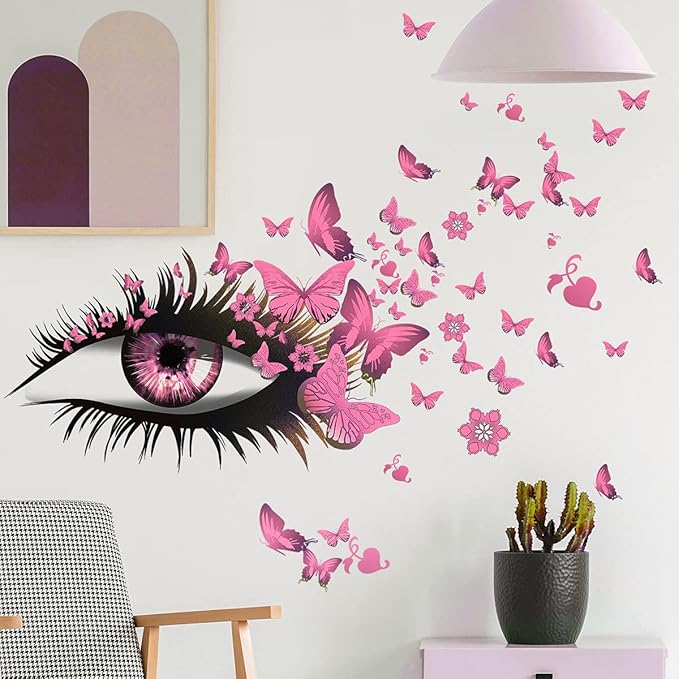Pink Girl Eyes Wall Stickers Flying Butterfly Wall Decals Beautiful Girl Heart Wall Decor Vinyl Wall Art Butterflies Wall Decor Stickers for Women Girls Bedroom Living Room Decoration