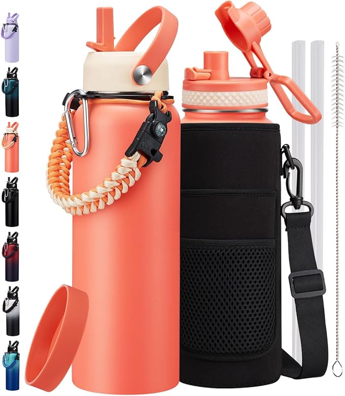 40 oz Insulated Water Bottle with Straw - 40oz Stainless Steel Water Bottles Keep Cold-48h & Hot-24h, Metal Canteen Thermo Mug Hydrojug with Paracord Handle & Bottle Sleeve with Strap