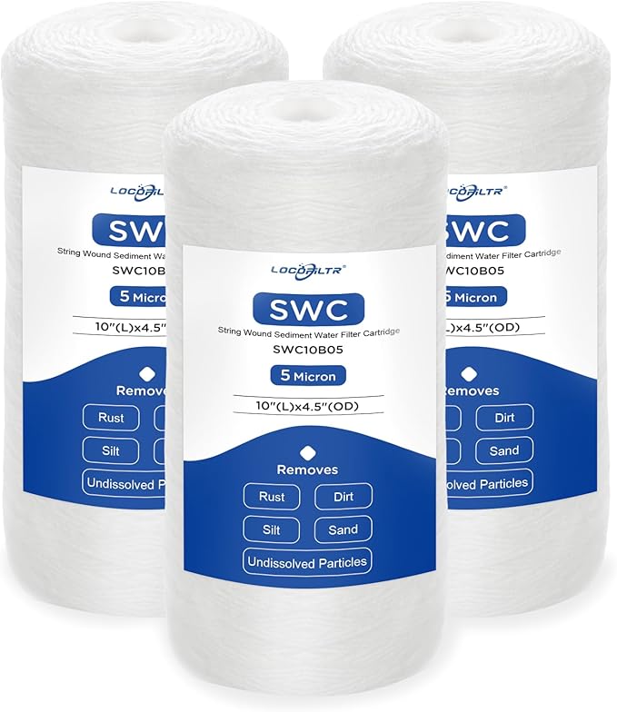 Whole House Water Filter Cartridge Replacement for Well Water, 5 Micron Water Filter 10" x 4.5" String Wound Sediment Water Filter Compatible with PSE1800, PC40, SWC-45-1005, WP5BB97P - 3 Pack