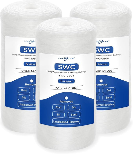 Whole House Water Filter Cartridge Replacement for Well Water, 5 Micron Water Filter 10" x 4.5" String Wound Sediment Water Filter Compatible with PSE1800, PC40, SWC-45-1005, WP5BB97P - 3 Pack