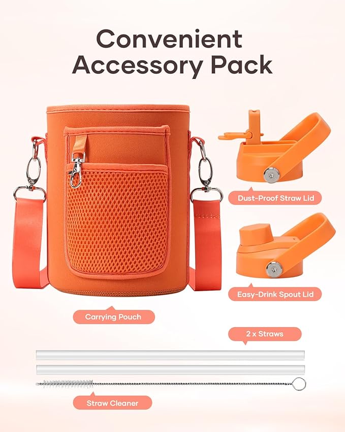 Half Gallon Water Bottle, BUZIO 64 oz Insulated Stainless Steel Water Bottles with Straw Lid Leak Proof water jug, Keep Cold 48H Lead-Free Double Wall Vacuum Metal Mug for Sport Camping Beach, Orange