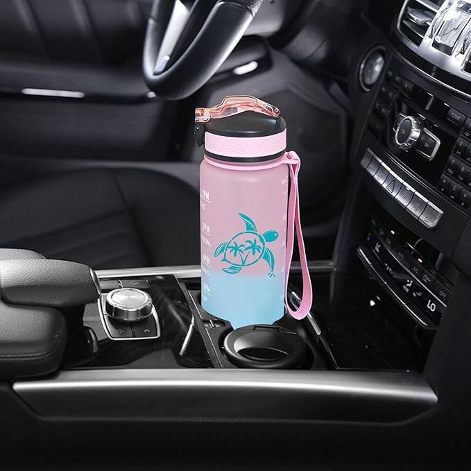Sea Turtle Water Bottle with Straw, Carry Strap, LeakProof, Tritan BPA Free, 32 Oz Motivational Water Bottle with Time Marker to Ensure You Drink Enough Water for Gym Fitness Outdoor